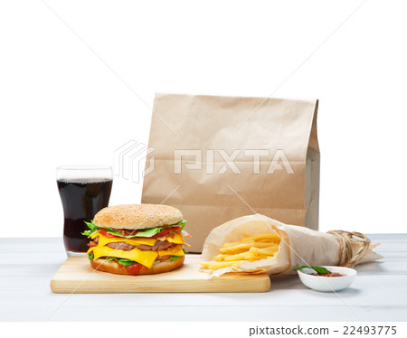 Fast food take away. Hamburger, cola and fries. 22493775