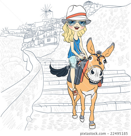 Beautiful girl on a donkey in Oia, Santorini 22495185