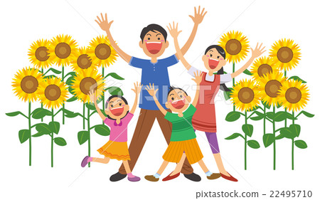 Image illustration of a family of four waving cheerfully and cheerfully in front of sunflowers Image illustration of a family of four waving cheerfully and cheerfully in front of sunflowers 22495710