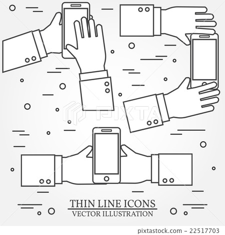 Set of hands holding mobile phone.Thin line icon. - Stock Illustration ...