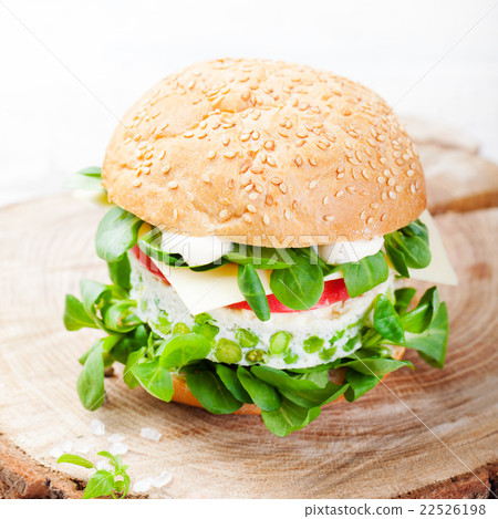 Vegetarian burger with egg, pea patty, fresh salad 22526198