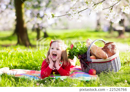 Kid having picnic in blooming garden 22526766