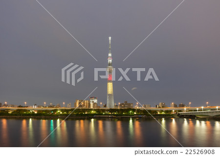 "Sky tree of black, yellow and red three colors which imaged Belgian flag" and night view of Sumida River 22526908