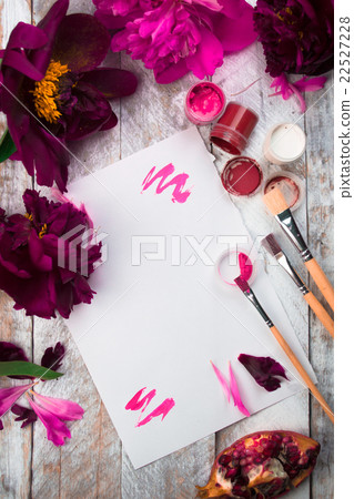 Workspace. Watercolor, paintbrush and pink peonies Workspace. Watercolor, paintbrush and pink peonies 22527228