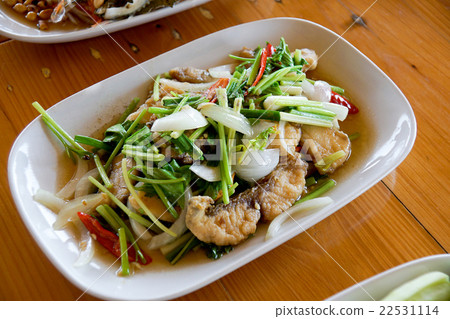 Stir fried fish with chinese celery in white dish 22531114