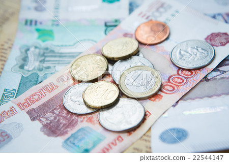 russian roubles banknotes and euro and dollars  22544147