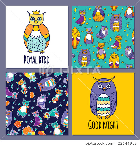 Vector set of owls and two seamless patterns Vector set of owls and two seamless patterns 22544913