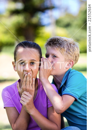 Boy whispering in his sisters ear 22552684