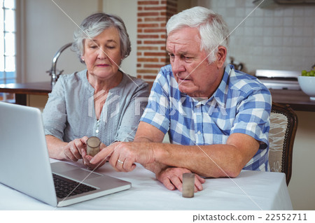 Senior couple searching pills with help of laptop 22552711