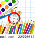 bright colored pencils,alarm clock and paint 22556632