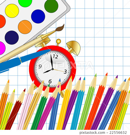 bright colored pencils,alarm clock and paint 22556632
