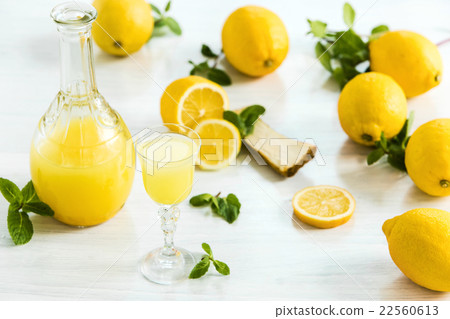 Italian traditional liqueur limoncello with lemon 22560613