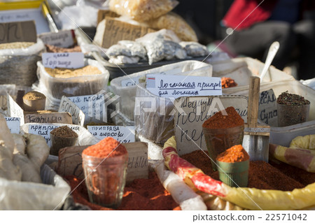 oriental market with bags full of various spices 22571042