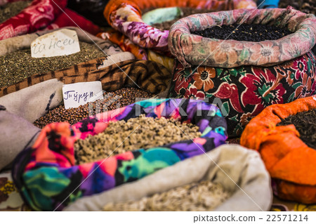 oriental market with bags full of various spices oriental market with bags full of various spices 22571214