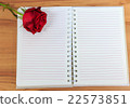 rose and empty notebook page on wood table 22573851