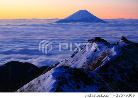 黎明時分的富士山漂浮在南阿爾卑斯山的雲海之中/觀音達克和Yakushiyake的Iwamine峰 黎明時分的富士山漂浮在南阿爾卑斯山的雲海之中/觀音達克和Yakushiyake的Iwamine峰 22579309