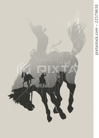 Double exposure of cowboy chasing wild horse throu 22579638