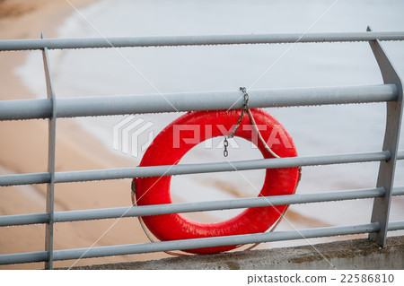 Yachts moorings red buoy of small European marina 22586810