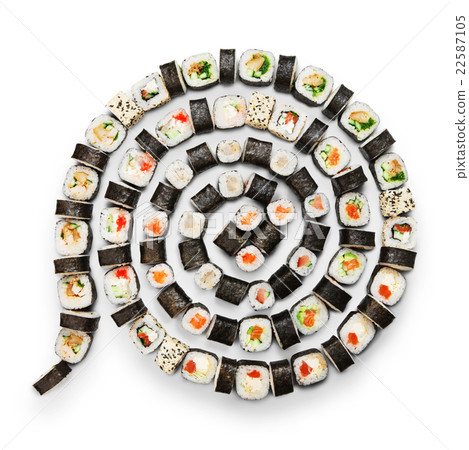 Set of sushi maki and rolls at black rustic wood. Set of sushi maki and rolls at black rustic wood. 22587105