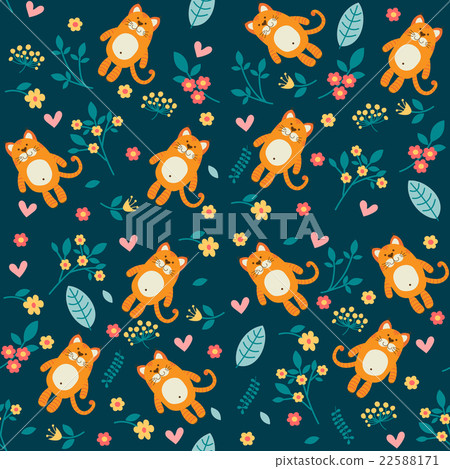 Orange cat and flowers, seamless pattern Orange cat and flowers, seamless pattern 22588171