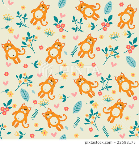 Orange cat and flowers, seamless pattern 22588173