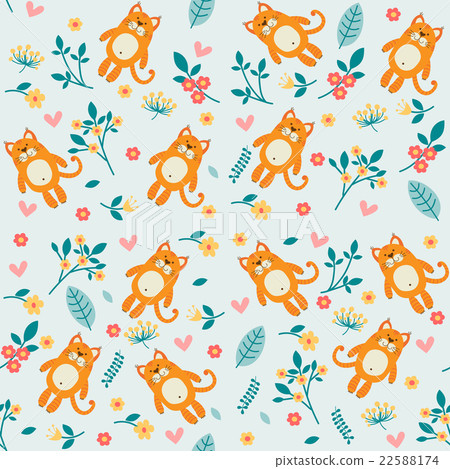 Orange cat and flowers, seamless pattern Orange cat and flowers, seamless pattern 22588174