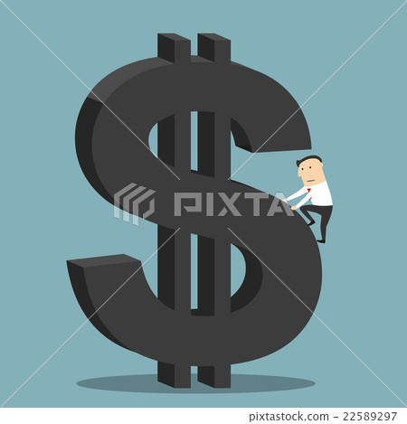 Businessman climbing up on huge dollar sign Businessman climbing up on huge dollar sign 22589297
