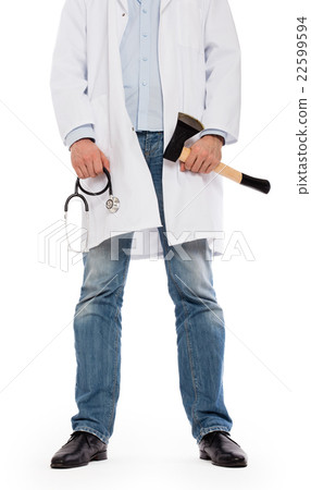 Evil medic holding a small axe and stethoscope Evil medic holding a small axe and stethoscope 22599594