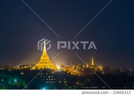 Yangon, Myanmar view of Shwedagon Pagoda at night. Yangon, Myanmar view of Shwedagon Pagoda at night. 22600315