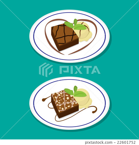 Fudge Brownie on dish with icecream, vector 22601752