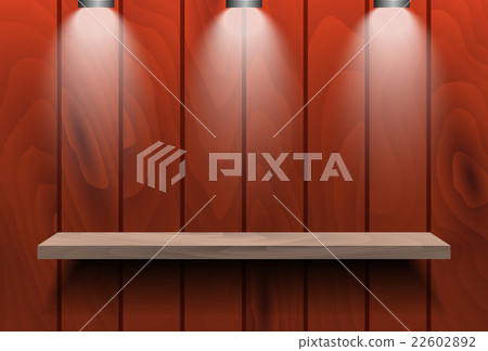 Empty shelf on red wooden wall. Empty shelf on red wooden wall. 22602892