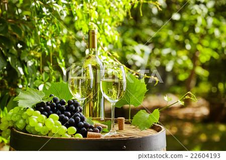 wooden barrel with glass of white wine. wooden barrel with glass of white wine. 22604193
