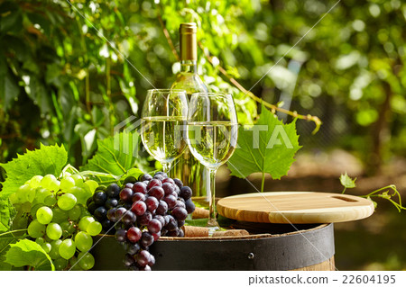 wooden barrel with glass of white wine. 22604195