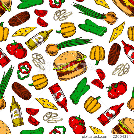 Seamless cheeseburgers with ingredients pattern Seamless cheeseburgers with ingredients pattern 22604354