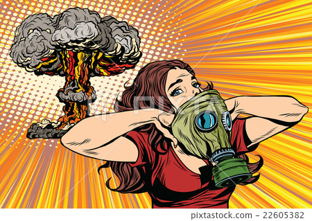 Nuclear explosion radiation hazard gas mask girl 22605382