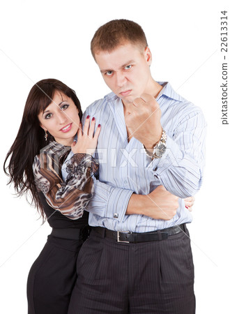 Young man protects the weak woman and and threatens his fist isolated on the white Young man protects the weak woman and and threatens his fist isolated on the white 22613314