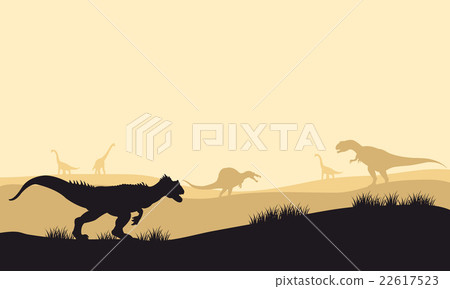 Silhouette of allosaurus at morning with fog Silhouette of allosaurus at morning with fog 22617523