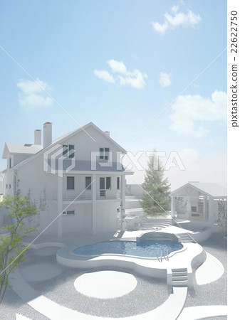 Poolside planting of greenery stages, 3d render Poolside planting of greenery stages, 3d render 22622750