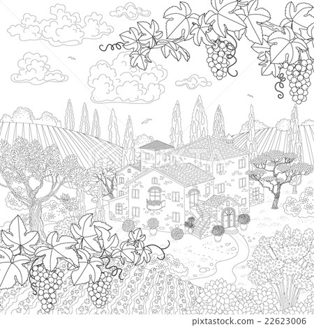 Landscape with house and grape branches. Landscape with house and grape branches. 22623006