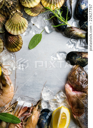 Fresh seafood with herbs and lemon on ice. Prawns Fresh seafood with herbs and lemon on ice. Prawns 22627767