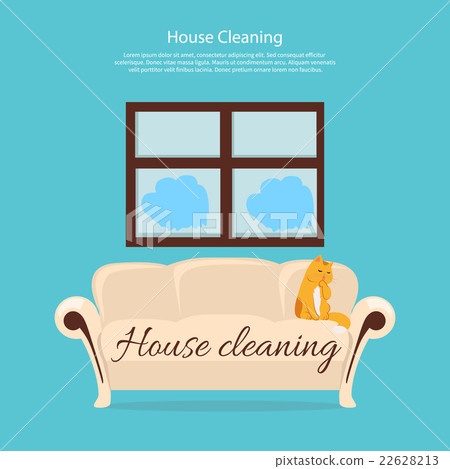 Stock Illustration: House Cleaning. Cat on Sofa Design Flat