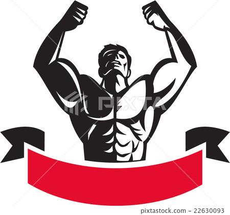 Body Builder Flexing Muscles Banner Retro 22630093