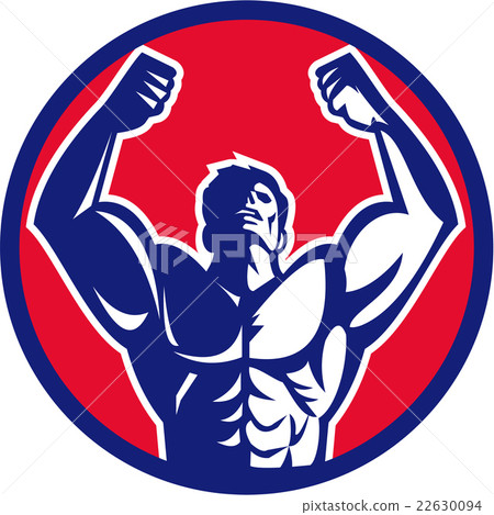 Body Builder Flexing Muscles Circle Retro 22630094