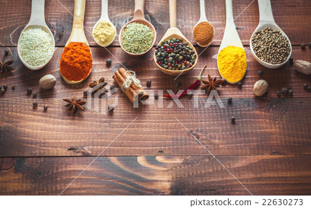 Beautiful colorful spices in wooden spoons  22630273
