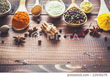 Beautiful colorful spices in wooden spoons Beautiful colorful spices in wooden spoons 22630276