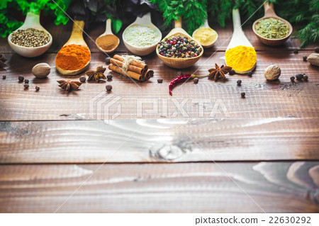 Beautiful colorful spices in wooden spoons 22630292
