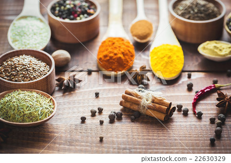 Beautiful colorful spices in wooden spoons  22630329