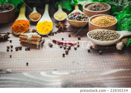 Beautiful colorful spices in wooden spoons  22630334