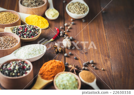 Beautiful colorful spices in wooden spoons Beautiful colorful spices in wooden spoons 22630338