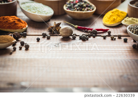 Beautiful colorful spices in wooden spoons  22630339